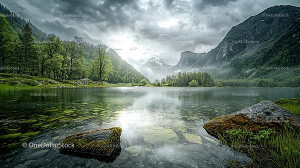 Tranquil Alpine Lake with Majestic Mountain Backdrop