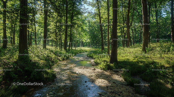 Sunlit Forest Pathway with Flowing Stream in Summer