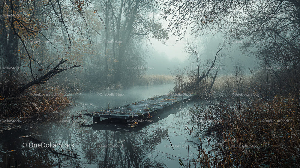 Misty Autumn Morning with Wooden Pier and Foggy Lake