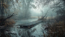 Misty Autumn Morning with Wooden Pier and Foggy Lake