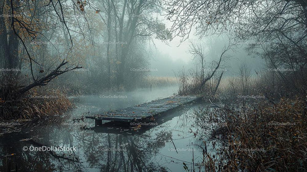 Mglisty Jesienny Poranek z Drewnianym Pomostem nad Jezioro