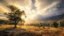 Golden Sunset Over Serene Countryside with Lone Tree