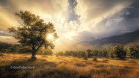 Golden Sunset Over Serene Countryside with Lone Tree