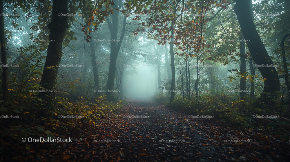 Misty Forest Path with Autumn Leaves and Fog