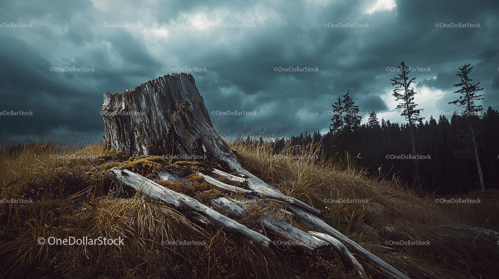 Weathered Tree Stump Under a Stormy Sky in Serene Countryside