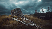 Weathered Tree Stump Under a Stormy Sky in Serene Countryside
