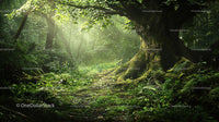 Ancient Oak Tree in Sunlit Forest Clearing