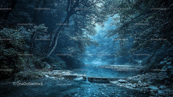 Misty Forest Stream with Tranquil Waters and Lush Greenery