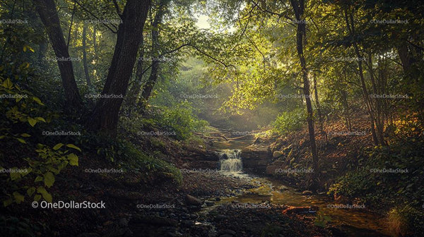 Sunlit Forest Stream with Lush Greenery and Tranquil Atmosphere
