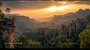 Golden Sunset Over Majestic Mountain Landscape and Pine Forest
