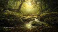 Tranquil Forest with Sunlit Stream and Lush Greenery