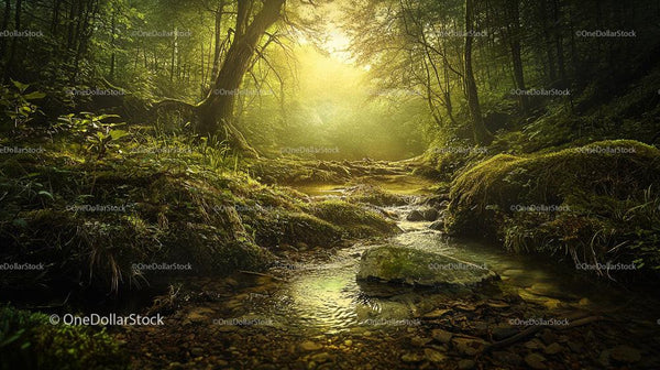 Tranquil Forest with Sunlit Stream and Lush Greenery