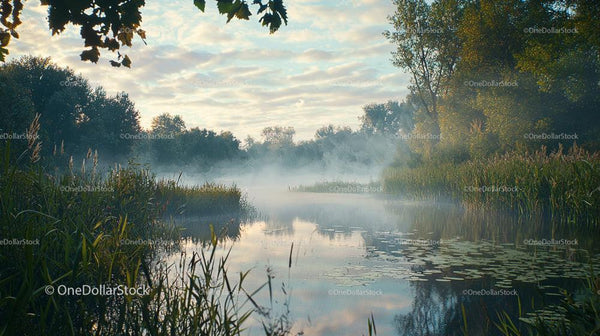 Misty Lake at Dawn with Lush Green Surroundings