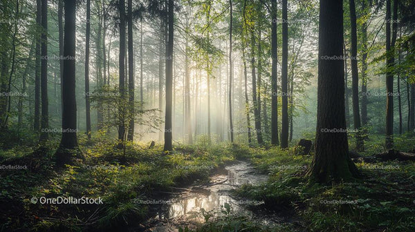 Sunlit Forest Scene with Morning Mist and Tall Trees