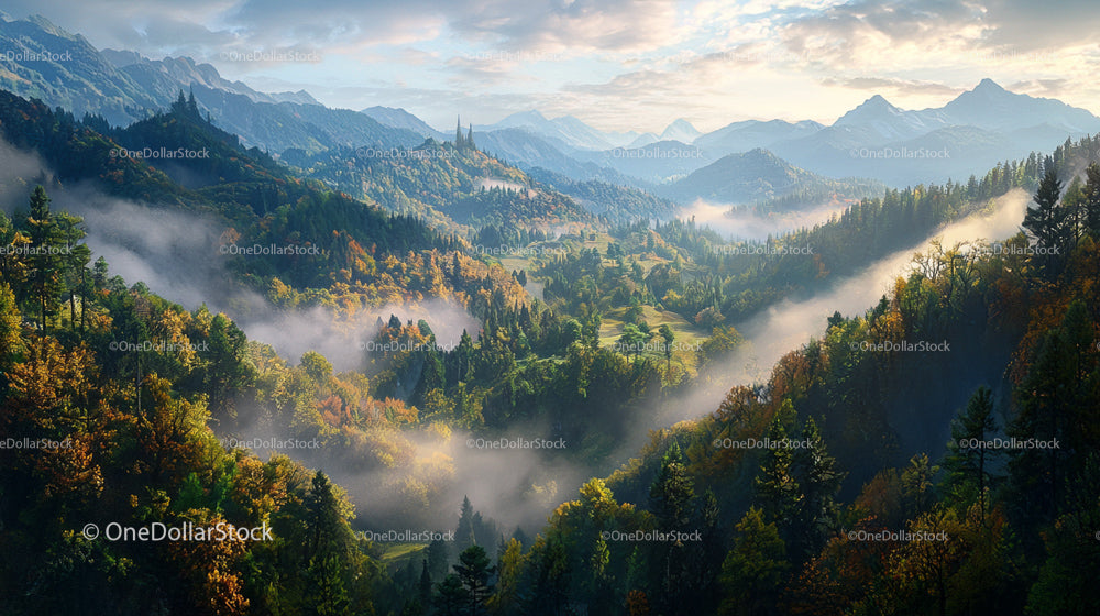 Scenic Autumn Valley with Misty Mountains and Lush Forests