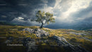 Solitary Tree Against a Dramatic Stormy Sky in a Rocky Landscape