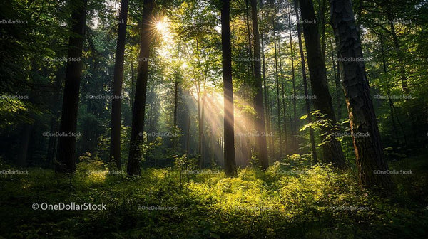Sunlit Forest with Lush Greenery and Tranquil Atmosphere