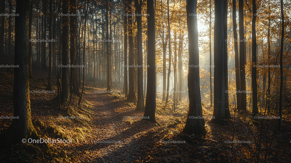 Sunlit Autumn Forest Path with Golden Leaves