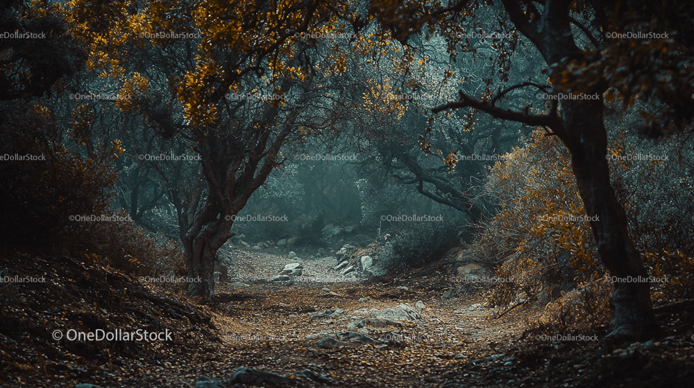 Mystical Forest Pathway with Autumn Leaves