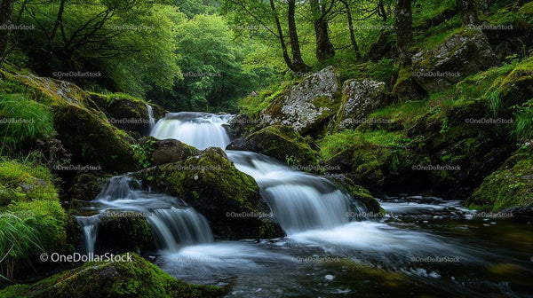 Lush Greenery Surrounds Cascading Waterfall in Tranquil Forest