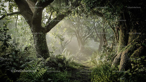 Sunlit Path Through Enchanting Forest with Lush Greenery