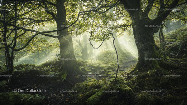 Enchanting Woodland with Sunlit Trees and Lush Greenery