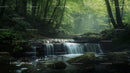 Sunlit Forest Waterfall Surrounded by Lush Greenery