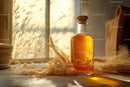 Golden Liquid in Glass Bottle with Wheat in Sunlit Room