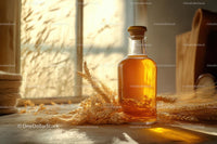 Golden Liquid in Glass Bottle with Wheat in Sunlit Room