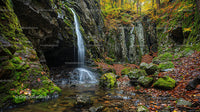 Serene Waterfall and Autumn Foliage in a Lush Forest Setting