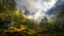 Misty Mountain Valley at Sunrise with Lush Greenery