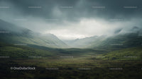 Misty Green Valleys and Hills Under Dramatic Sky