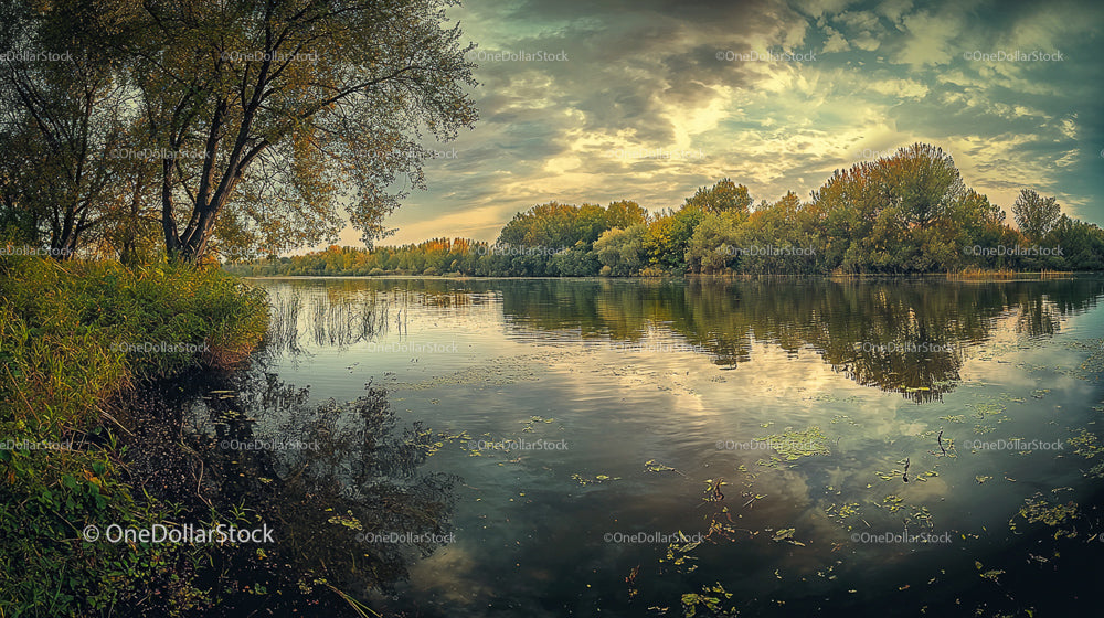 Serene Riverside Scenery with Reflections on Calm Lake