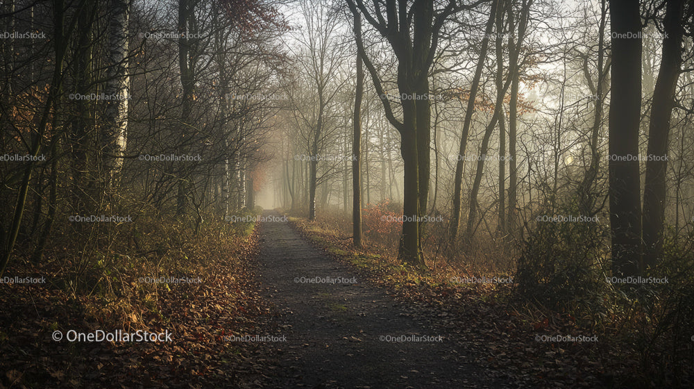 Misty Forest Path with Bare Trees and Autumn Leaves