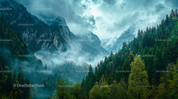 Misty Mountains and Evergreen Forest under Cloudy Skies