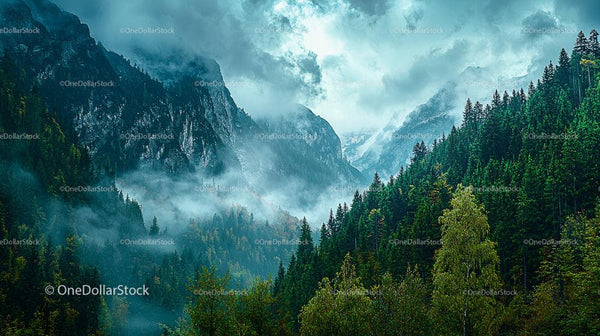 Misty Mountains and Evergreen Forest under Cloudy Skies