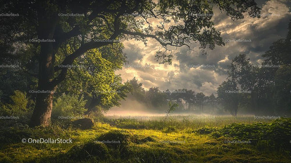 Misty Forest Morning with Sunlight Filtering Through Leaves