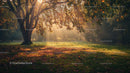Serene Autumn Morning with Sunlight Through Trees