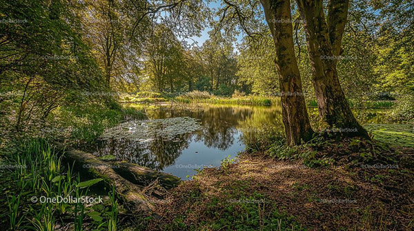 Peaceful Forest Pond Surrounded by Lush Greenery