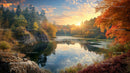 Autumn Sunset Over Tranquil Lake Surrounded by Colorful Forest
