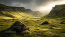 Sunlit Mountain Valley with Lush Greenery and Rocky Terrain