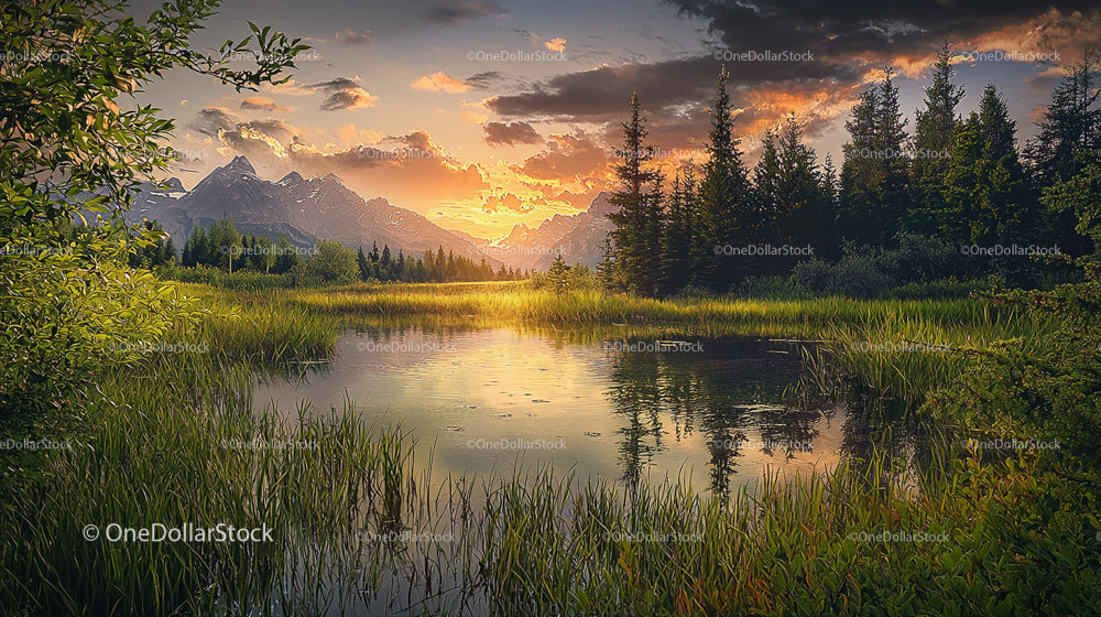 Scenic Sunset over Mountain Reflected Lake with Lush Greenery