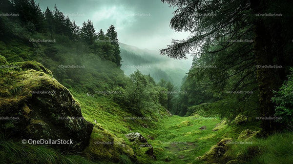 Misty Green Alpine Forest in Tranquil Mountain Scenery