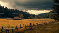 Rustic Cabin in a Golden Autumn Meadow Under Dramatic Skies