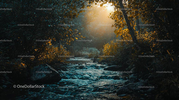 Serene Forest Stream Illuminated by Morning Sunlight
