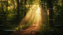 Sunlit Forest Path with Lush Greenery and Morning Light