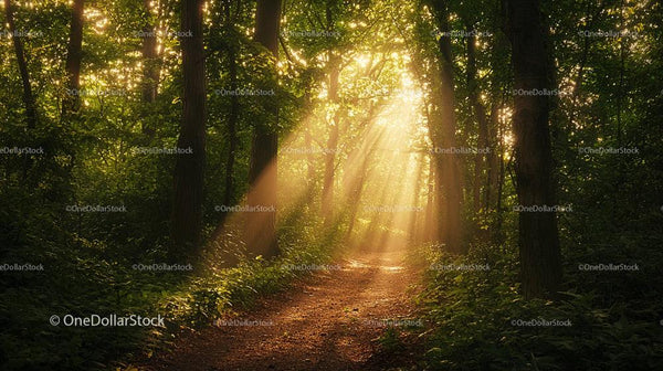 Sunlit Forest Path with Lush Greenery and Morning Light