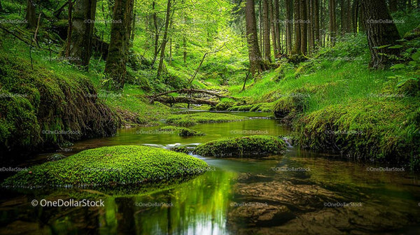 Tranquil Forest Stream with Lush Green Foliage
