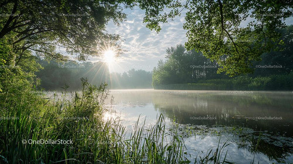 Tranquil Sunrise over Misty Lake with Lush Greenery