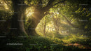 Sunlit Forest with Lush Greenery and Majestic Trees